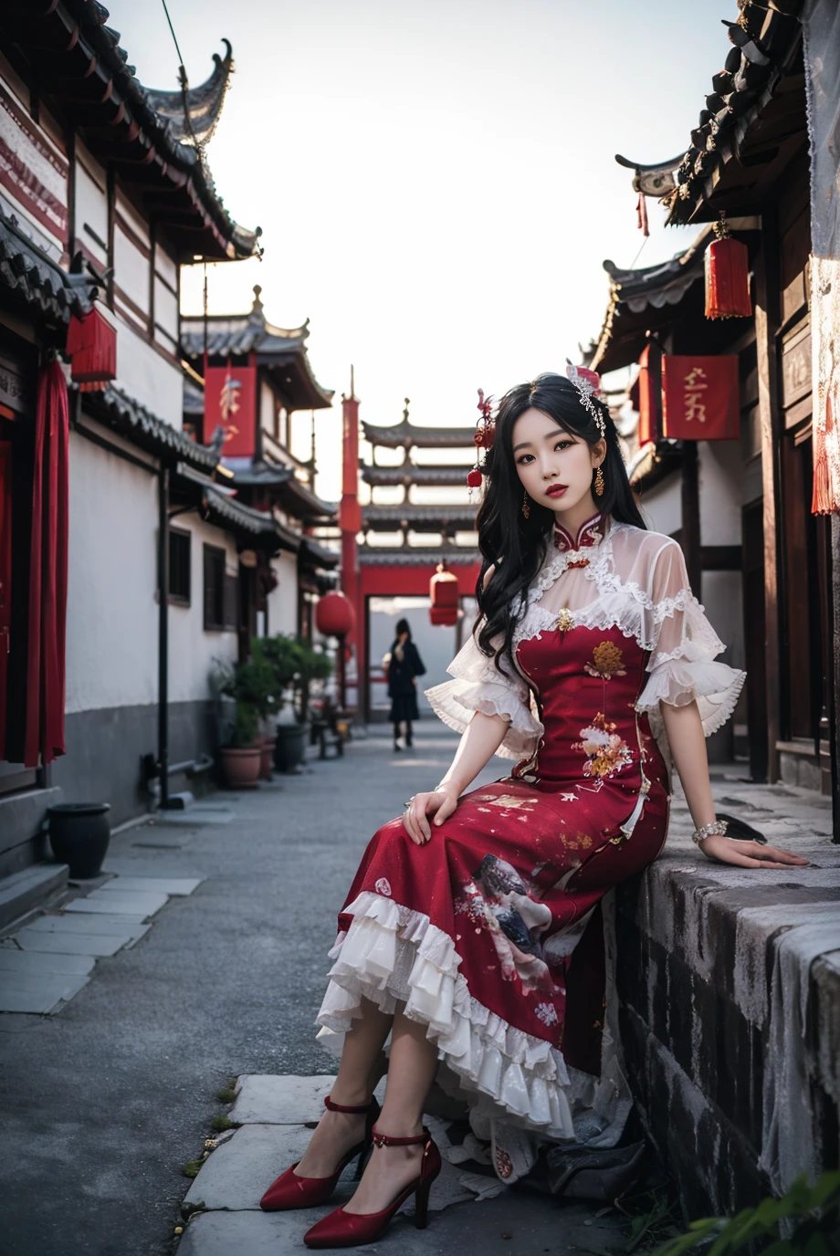 realistic, photorealistic, masterpiece, absurdres, incredibly absurdres, extremely detailed, best quality, cnsdress, high heels, full body, 1girl, solo, slim, long black hair, looking at viewer, detailed background, sitting, ancient Chinese town, ancient Chinese building, dusk, sunshine, chinese garden, <lora:cns_dress_style4_v1:0.7>