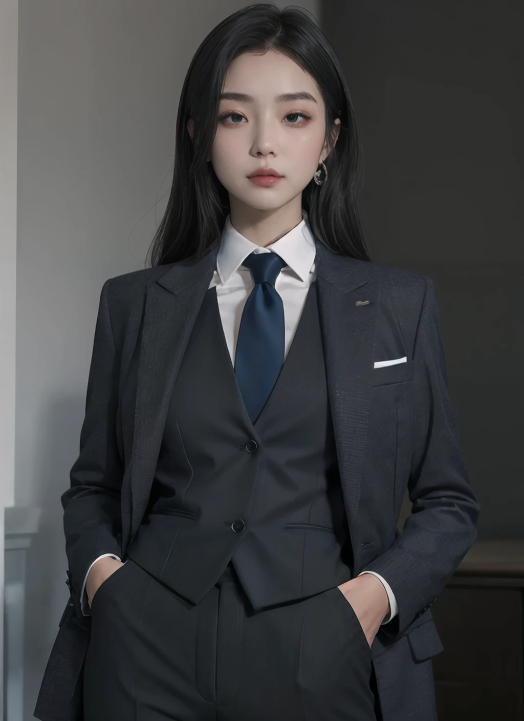 <lora:womansuit-1-000006:1>,(masterpiece, high quality) woman, formal business suit, shirt, pants, solo , looking at viewer, perfect face