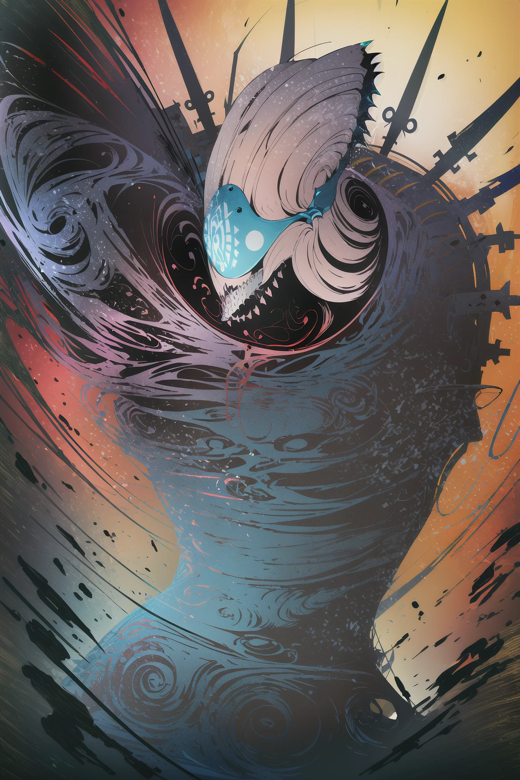 ((masterpiece, high quality, best quality)),
no humans, solo, robot, monster, abstract, teeth, glowing, science fiction, colorful, mecha, sharp teeth, open mouth, looking at viewer, abstract background,
<lora:ooishi-style_v1.0:1>