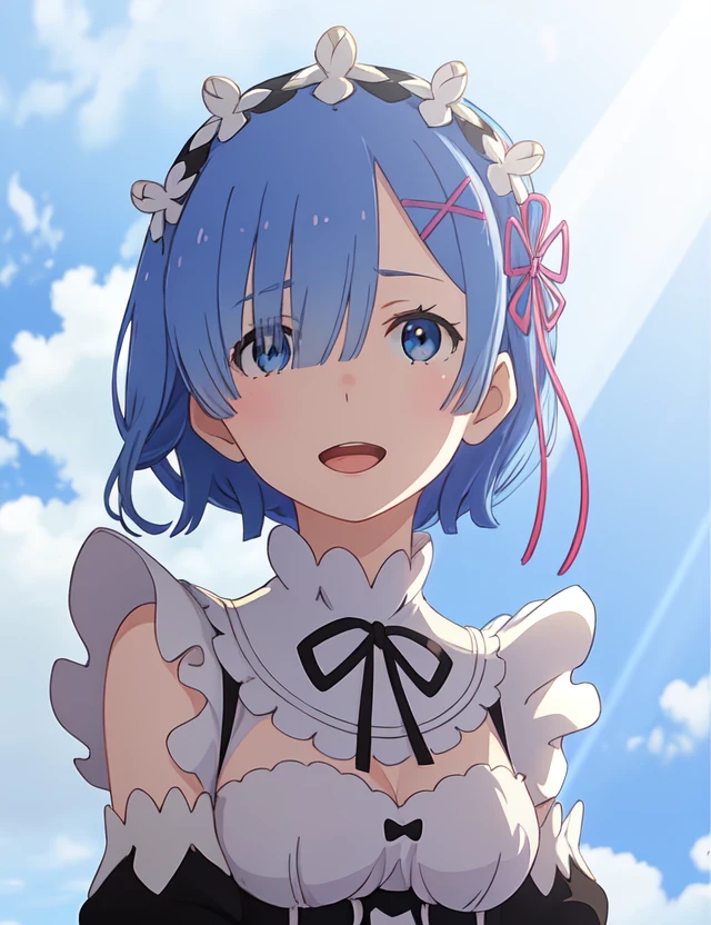 best quality, masterpiece, <lora:Rem-000009:0.9:MID>, phRem, 1girl, blue hair, solo, maid, roswaal mansion maid uniform, looking at viewer, outdoors, open mouth, anime coloring, maid headdress, upper body,  light particles, light rays, wallpaper, high contrast, colorful, blue background, blue sky, sky