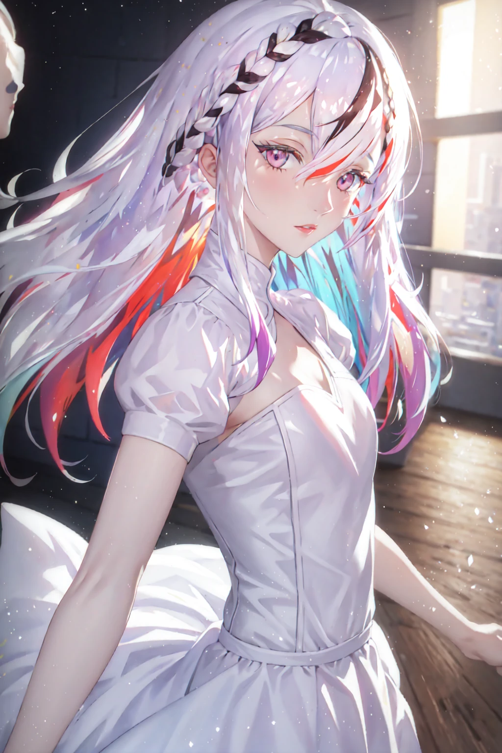 masterpiece, best quality, 1girl, dress,white hair,multicolored hair, <lora:Bao-000012:0.8>