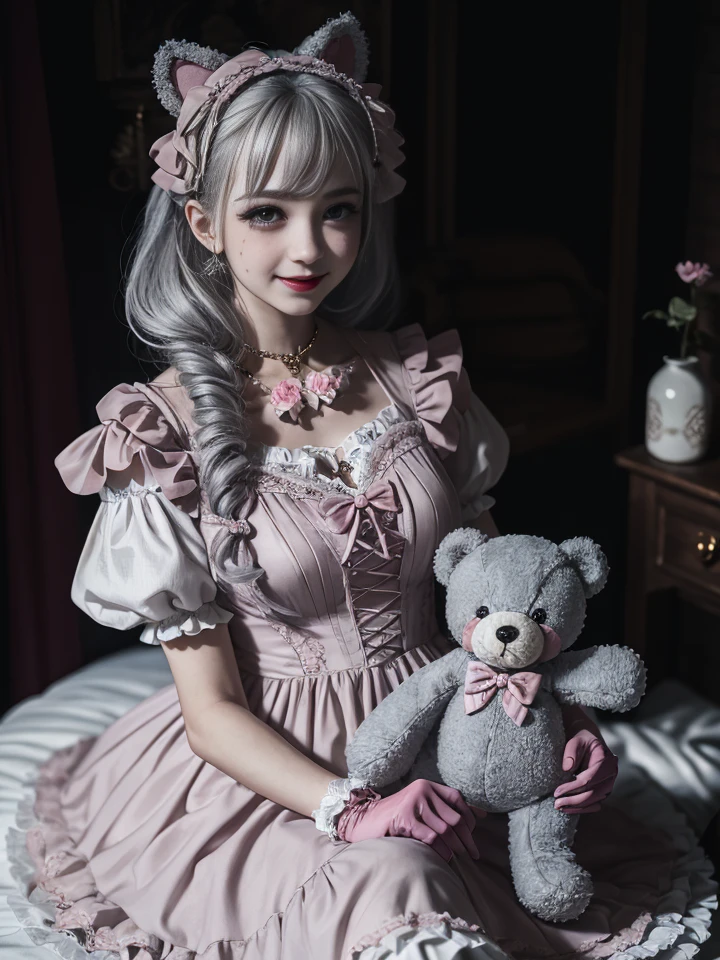 1girl, photo, masterpiece, sweetlolita at bedroomgothic gothic interior, silver curly hair, pink gown fabric, heart shape on cheek, blush pink makeup, gloves, smile, pastel color, ornate, broderry, holding stuffed teddy bear, bokeh, <lora:ARWSweetLolita:1> <lora:ARWBedroomGothic:0.4>