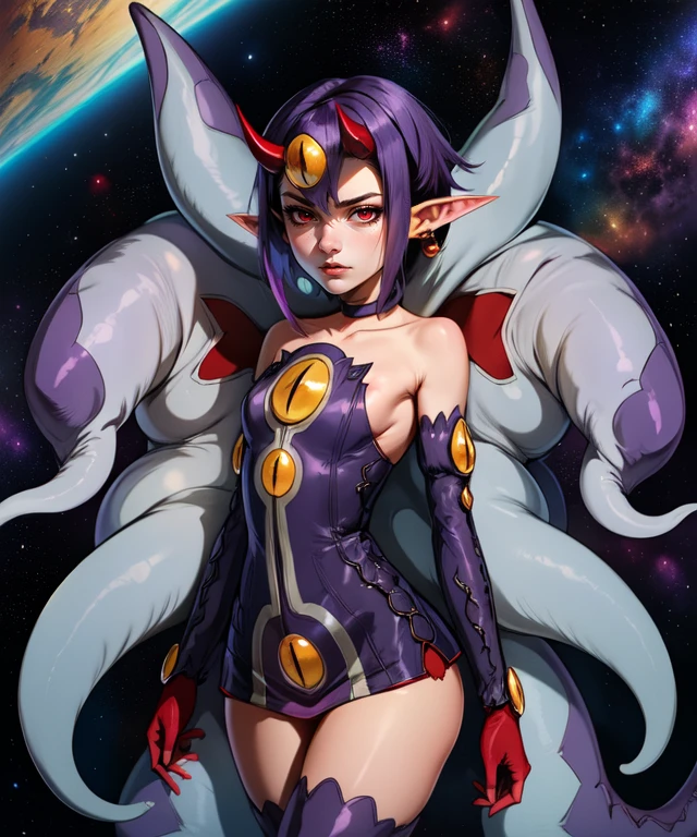 Desco, red eyes, pointy ears, short purple hair, purple tail, cowboy shot, expressionless eyes,
DesAtt, bare shoulders, choker, purple thigh boots, purple dress, detached sleeves, jewelry, red gloves,
outerspace, stars, meteor, tentacles,
(insanely detailed, beautiful detailed face, masterpiece, best quality) <lora:Desco-10:0.8>