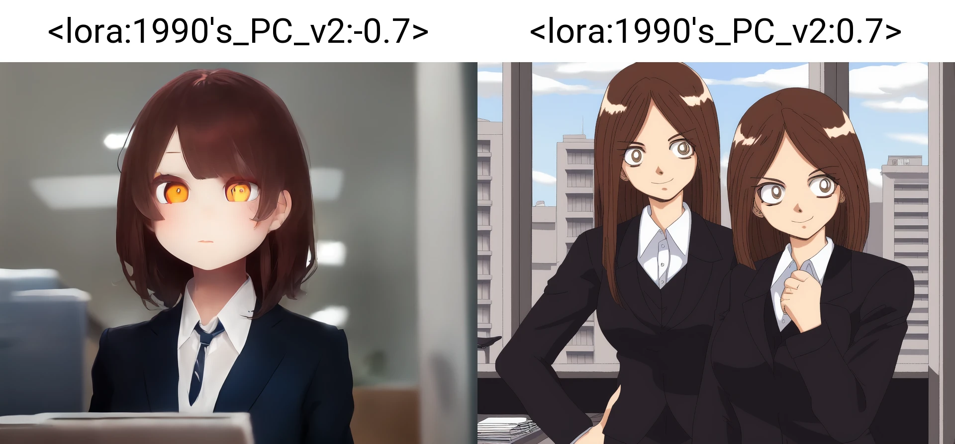 masterpiece, best quality, woman, brown_hair, business_suits, office, (detailed_face, detailed_eyes:1),<lora:1990's_PC_v2:-0.7>