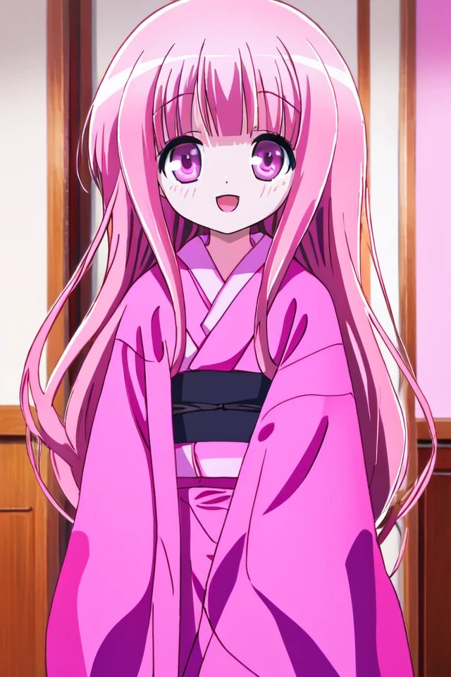 masterpiece, best quality, absurdres, ultra-detailed, indoors, <lyco:ro_kyu_bu_v4-000090:0.7>, hakamada hinata, smile, :o, long hair, pink kimono