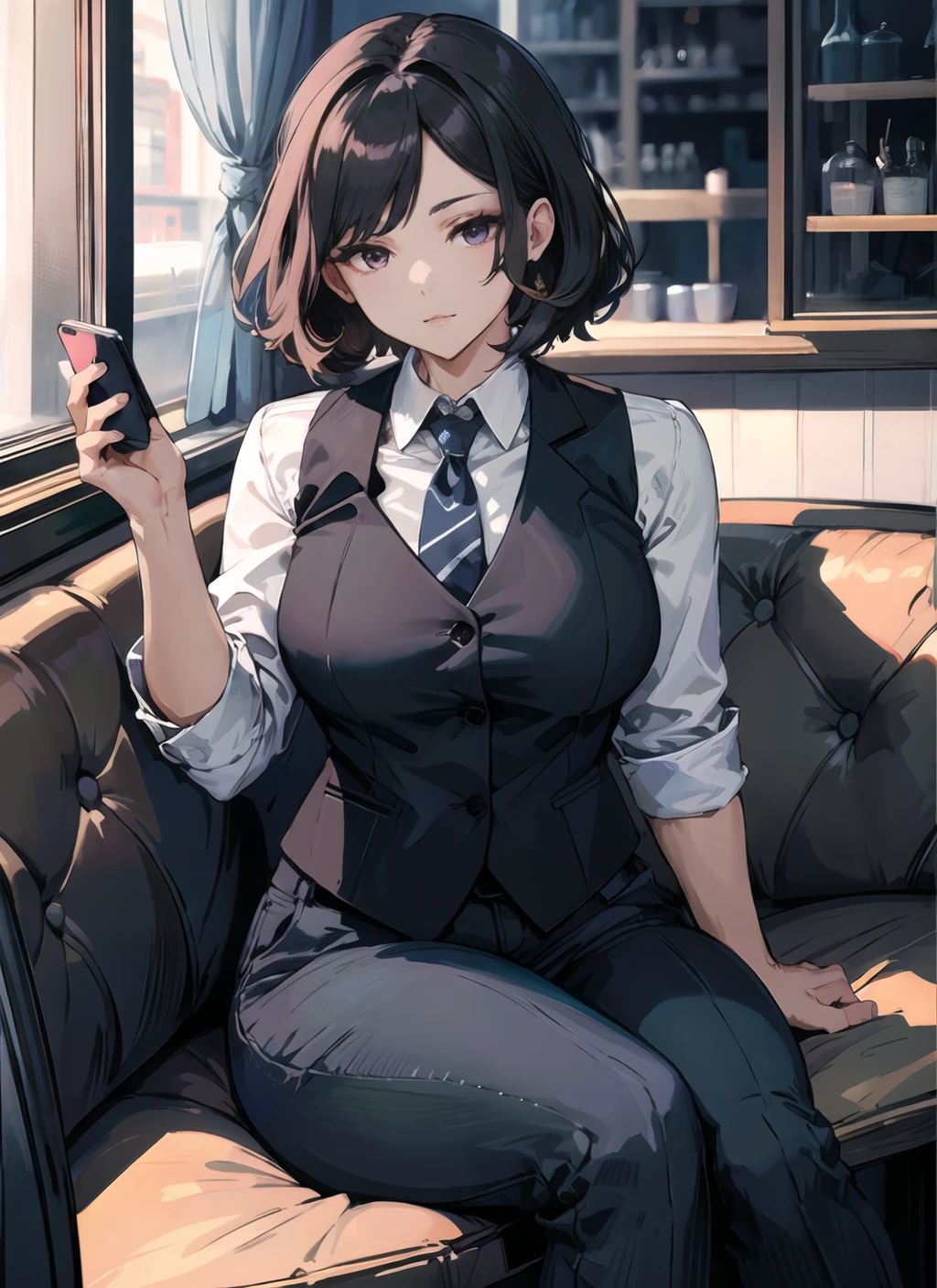 <lora:womansuit-1-000006:1>,(masterpiece, high quality) formal vest, pants, street, solo , looking at viewer, tomboy, sitting, cafe, phone, large breasts,