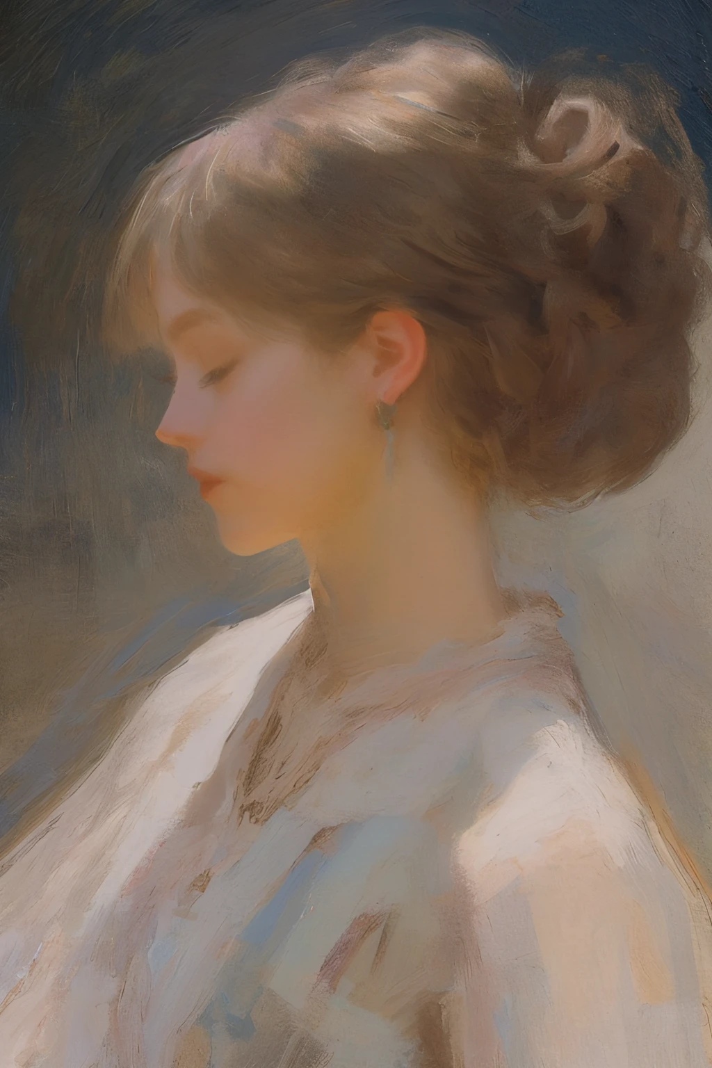 (Style by NTY:1.4), female, chignon, iridescent hair, intricate, dark <lora:OilPaint:0.7>
