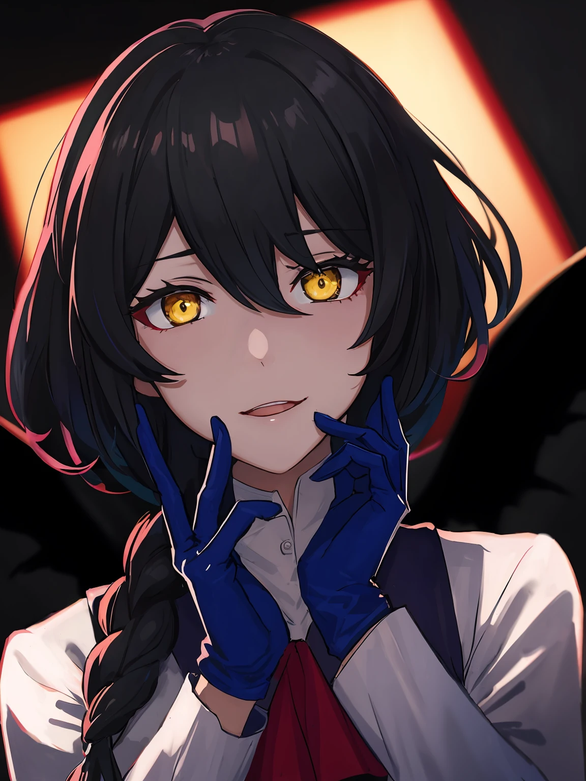 masterpiece,best quality,highres,cinematic lighting,dramatic angle,1girl,<lora:NightOfRevengeV1-000012:0.75> ,aradia,black hair,gradient hair,multicolored hair,braids,yellow eyes,hands on own cheek,open mouth,blood,yandere,shaded face,glowing eyes,close-up,portrait,face focus,(evil smile:1.2),red bowtie,bare shoulders,white shirt,pleated collar,blue sleeves,black gloves