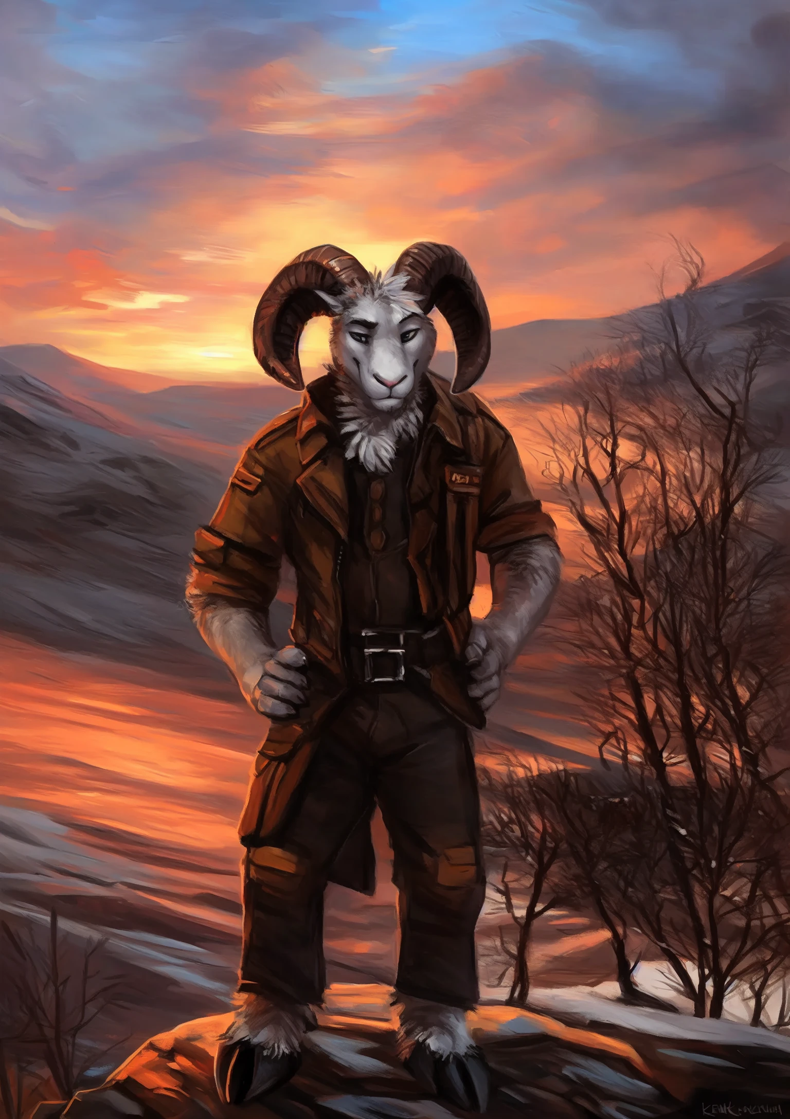 male, solo, anthro, mammal, goat, caprine, (caprine horn), horizontal pupils, cloven hooves,
fully clothed, bottomwear, topwear, pants, jacket, (adventurer), hand on hip,
fur, fluffy, tuft, chest tuft, long hair, neck tuft, inner ear fluff, digitigrade,
standing, front view, looking at viewer,
(detailed background), outside, rock, sunbeam, snowy peaks, sunrise, (village:1.3),
by kenket, by darkgem, by miosha,
fully clothed, bottomwear, topwear, pants, jacket, (adventurer), hand on hip,
fur, fluffy, tuft, chest tuft, long hair, neck tuft, inner ear fluff, digitigrade,
standing, front view, looking at viewer,
(detailed background), outside, rock, sunbeam, snowy peaks, sunrise, (village:1.3),
by kenket, by darkgem, by miosha,
