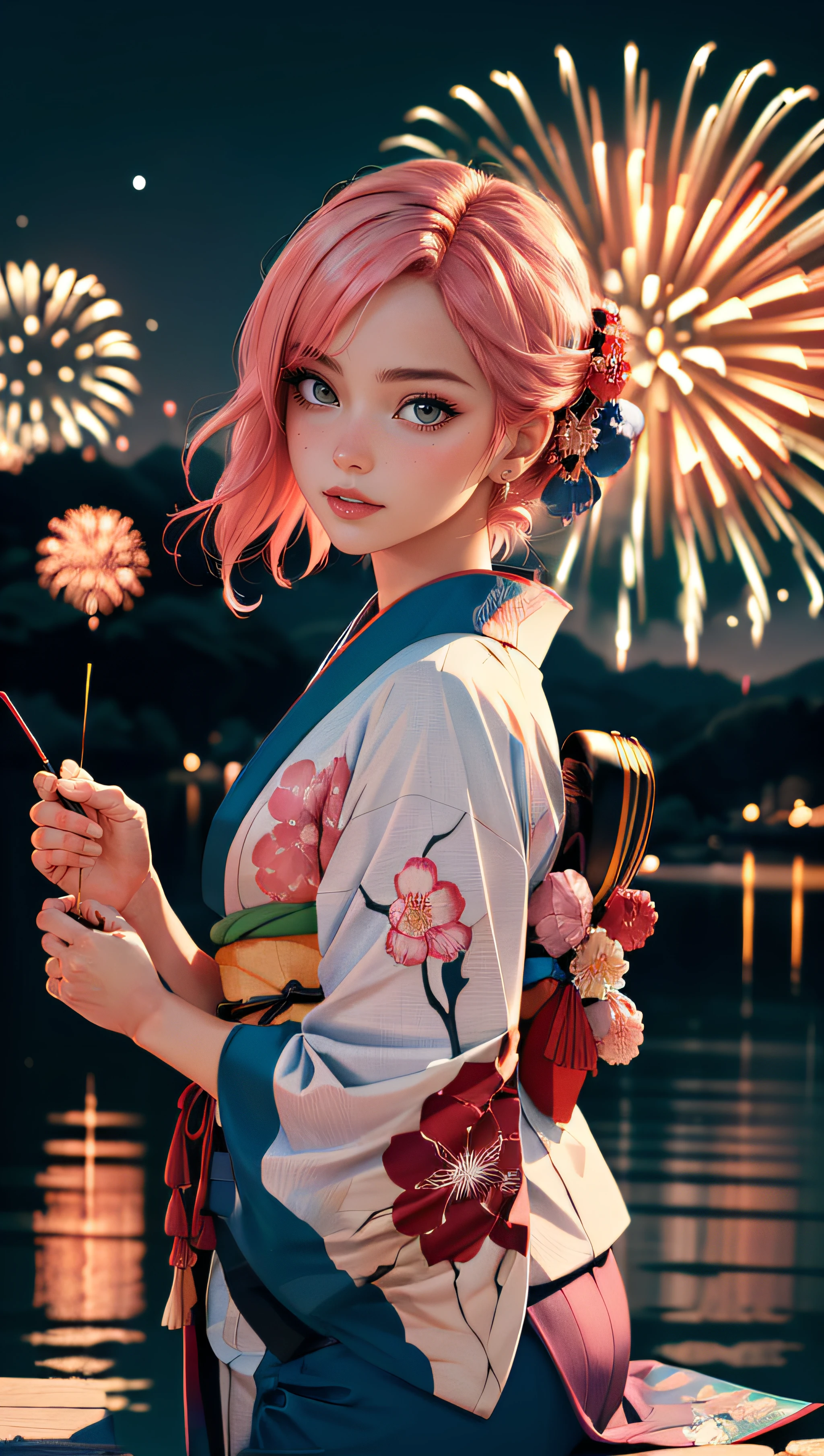 (best quality, masterpiece, perfect face, beautiful and aesthetic:1.2, colorful, dynamic angle, highest detailed face) full body photo, fashion photography of cute european girl with iridiscent pink hair, flirting with POV, in traditional japanese gold&black kimono, ultra detailed kimono textures, high contrast, night, kyoto, fireworks, 35mm, bokeh, 9:16, (intricate details, hyperdetailed:1.15), detailed, sunlight passing through hair (high contrast, official art, extreme detailed, highest detailed),