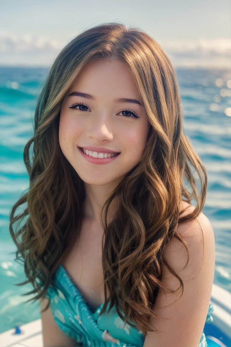 masterpiece, stunning closeup portrait photo of pkmn, smiling, floating in a (ocean:1.2), detailed skin, shimmering water, 8k uhd, dslr, soft lighting, high quality, film grain, long hair, 4K, HDR, outdoors, sunny, portrait photo