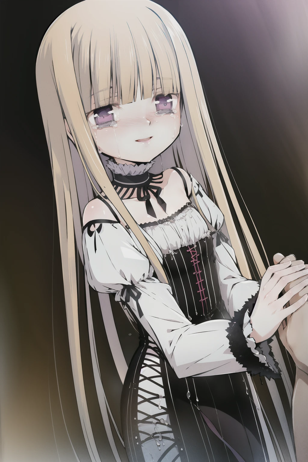 ((masterpiece, high quality, best quality)),
1girl, blonde hair, tears, long hair, smile, hand on another's face, solo focus, purple eyes, bangs, out of frame, crying, pov hands, dress, blush, blunt bangs, long sleeves, 1boy, looking at viewer, crying with eyes open,
<lora:ooishi-style_v1.0:1>