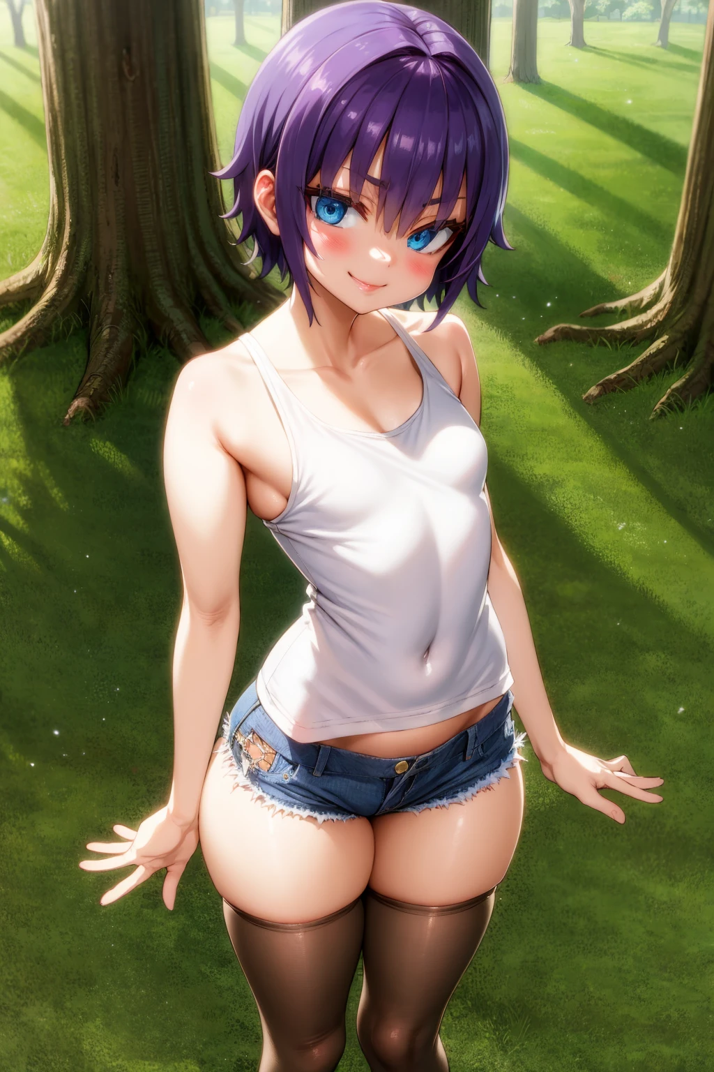 1girl,solo,smirk,small breasts,tank top,denim short shorts,short hair,blue eyes,thighhighs,sharp focus,outdoors,festival<lora:asanagi:1>