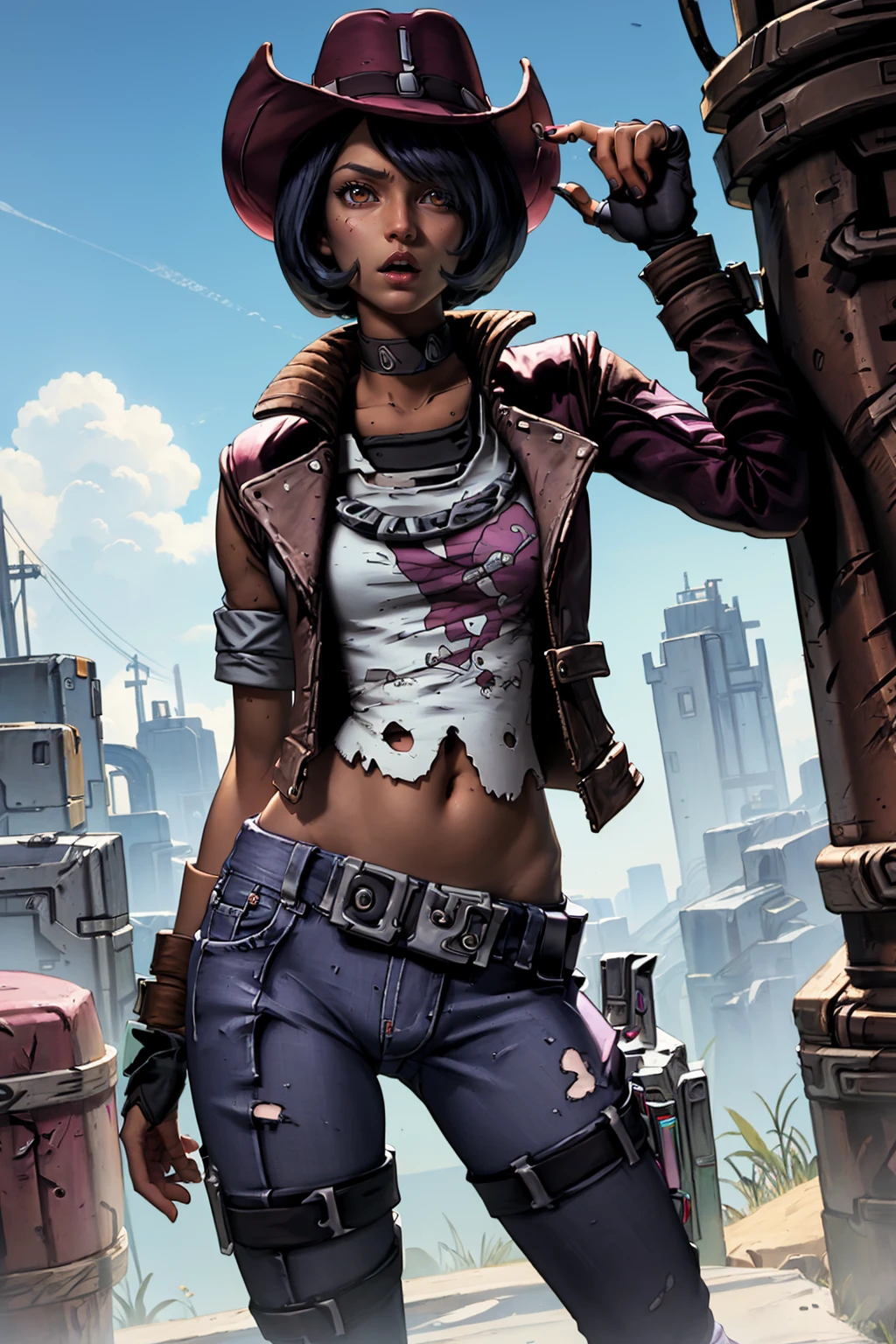 (masterpiece, best quality:1.2), <lora:nisha_(borderlands):.9>, nisha_(borderlands), 1girl, solo, hat, denim, pants, jeans, black nails, midriff, short hair, lipstick, belt, jacket, black hair, torn clothes, dark skin, navel, makeup, hair over one eye, fingerless gloves, nail polish, gloves, dark-skinned female, collar, leather, purple lips, bracelet, leather jacket, lips, cowboy hat, breasts, large breasts, jewelry, thigh strap, choker, spikes, outdoors, day, sky, lamppost, cloud, open mouth, dutch angle, looking at viewer, blue sky, railing, building, :o