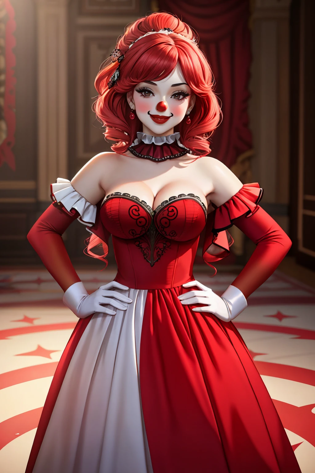 Masterpiece, absurdres,HDR,8k,excited,smirking,best quality,
edgClussy_woman,red clown nose, wearing a Haute_Couture designer dress
 <lora:edgClussy:0.7> <lora:edgHaute_Couturev3:0.7>