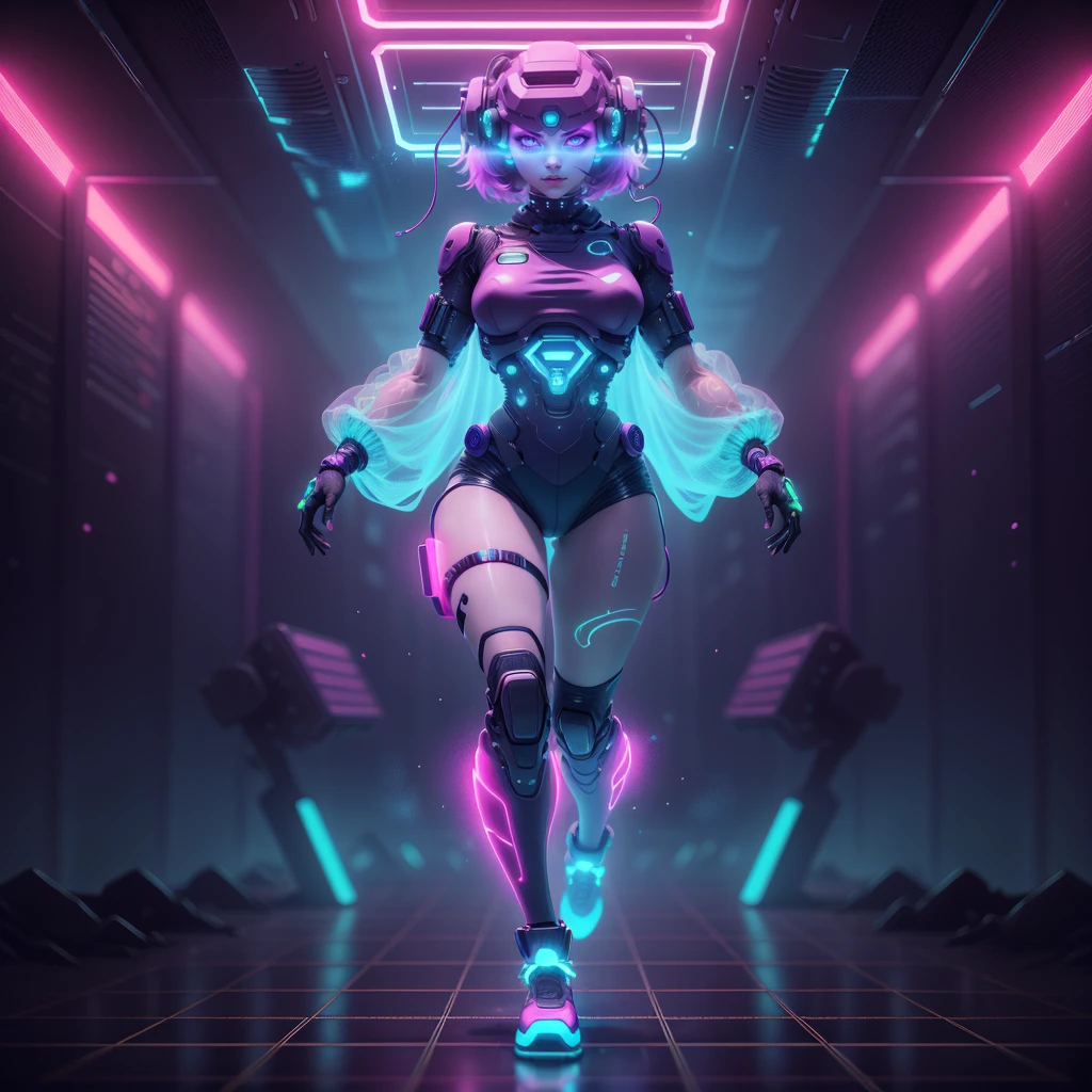 <lora:RetrowaveTech-20:0.8>,retrowavetech ,scifi, virtual, vaporwave,wirefrme ,see-through, transparent, hologram, 
1girl, tattoos, glowing tattoos, glowing eyes, colored glowing hair , full body,