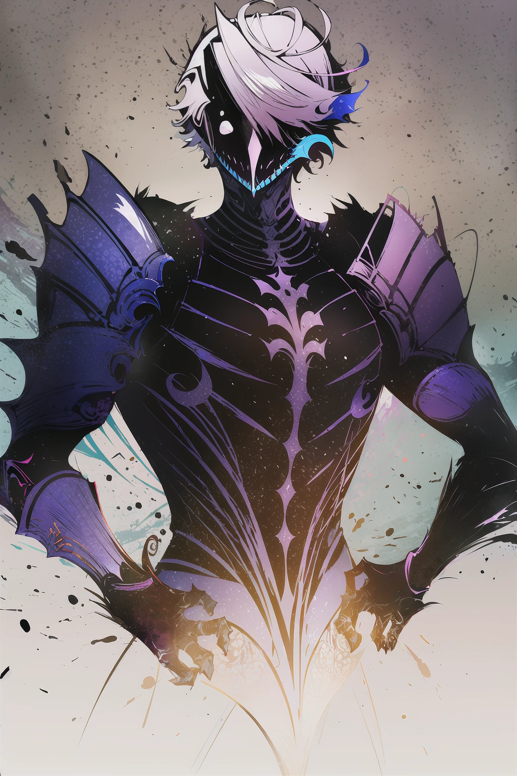 ((masterpiece, high quality, best quality)),
no humans, abstract, male focus, mask, colorful, armor, looking at viewer, abstract background, 1other, black eyes, teeth, short hair, monster, purple hair, weapon, multicolored background,
<lora:ooishi-style_v1.0:1>