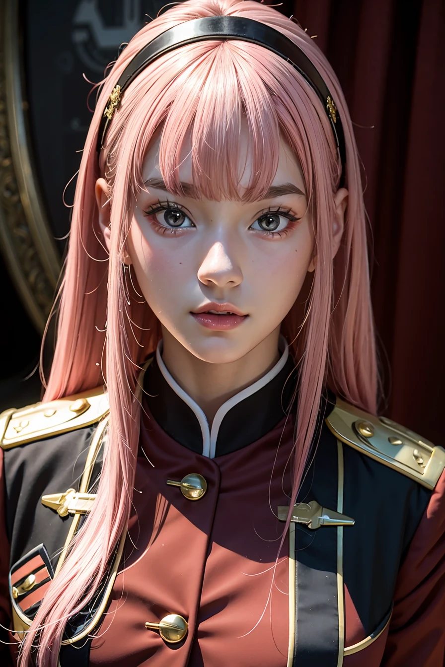 (masterpiece), best quality, perfect face, 1girl, <lora:Cherprang-02:1> <lora:02:0.8> red uniform, pink hair