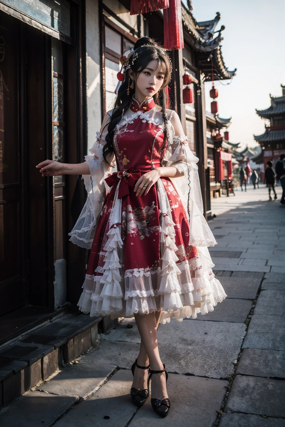 realistic, photorealistic, masterpiece, absurdres, incredibly absurdres, extremely detailed, best quality, cnsdress, high heels, full body, 1girl, solo, slim, long black hair, looking at viewer, detailed background, standing, ancient Chinese town, ancient Chinese building, dusk, sunshine, chinese garden, <lora:cns_dress_style4_v1:0.7>