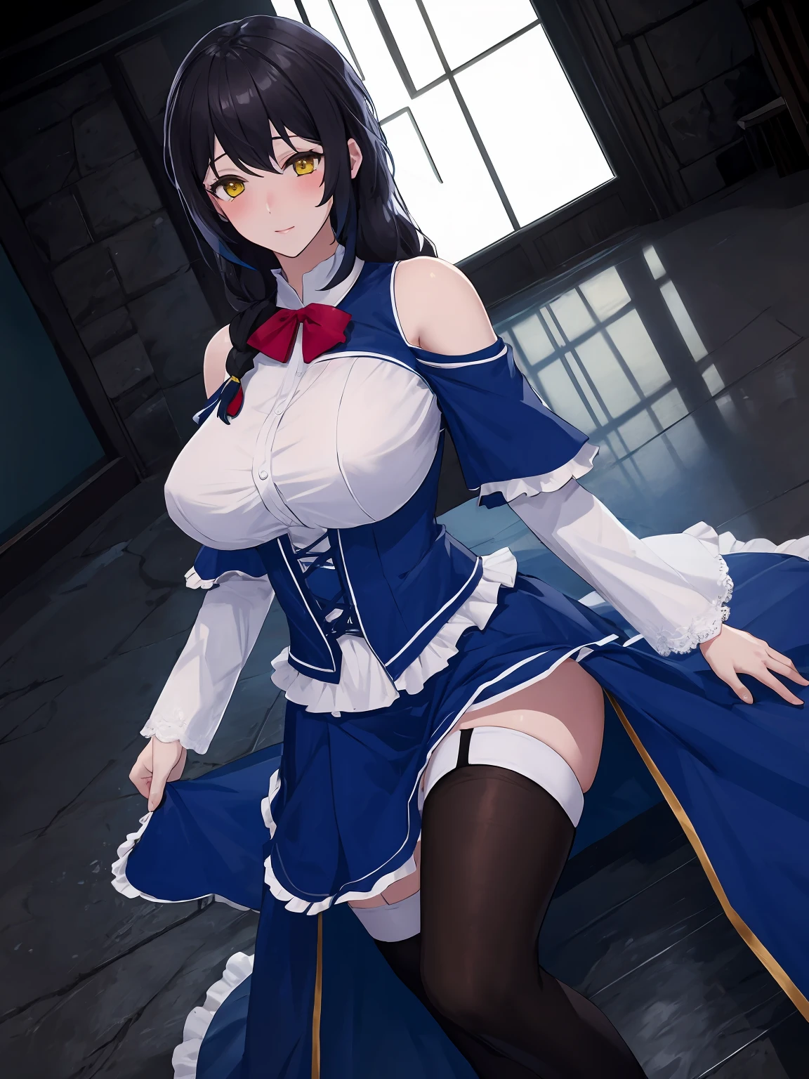 masterpiece,best quality,highres,cinematic lighting,dramatic angle,1girl,<lora:NightOfRevengeV1-000012:0.7> ,aradia,black hair,gradient hair,braids,yellow eyes,white shirt,red bowtie,bare shoulders,frills,corset,long blue sleeves,blue skirt,tattoo,thick thighs,boots,white strapped thighhighs,portarit,hands on own chest,shy,happy,blush,close-up,covering breasts