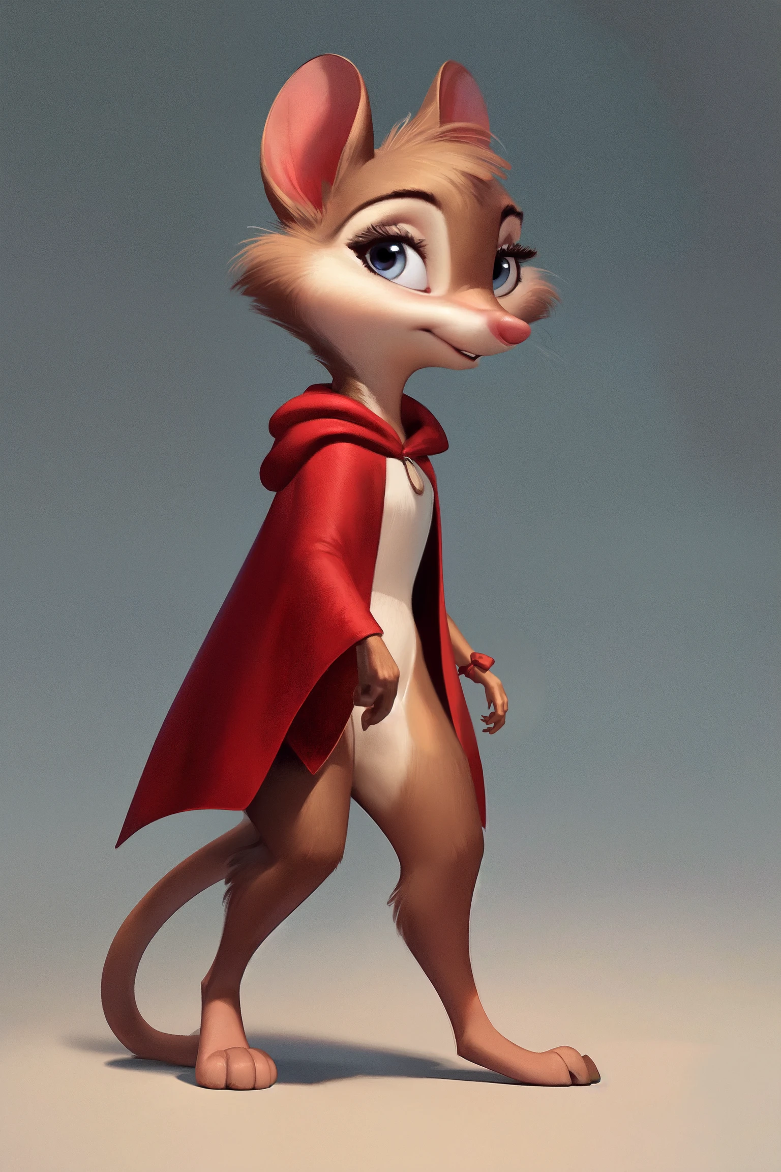 (by qupostuv35:1.0), female ((anthro, humanoid)), [(thin:1.1) : small petite : (mrs. brisby:1.2):4], (Detailed face), (anthropomorphic legs, anthropomorphic hands:1.1), (solo), cape, <lora:Mrs._Brisby_V1.0:0.7>