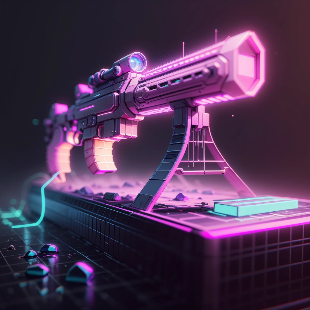 <lora:RetrowaveTech-20:0.8>,retrowavetech ,scifi, virtual, vaporwave , wireframe ,
rifle on a table, (simple background:1.3)