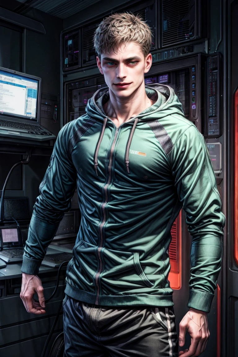detailed face, (CircuitBoardAI, electronic theme:1.1) evil high-tech futuristic hacker, smirk, advanced technology, hoodie, techwear, keycard, cables, (holographic display:1.05), error message, computer, password, server room in background, orange lights, cyber-warfare, dark sinister atmosphere, Depth of Field, VFX.