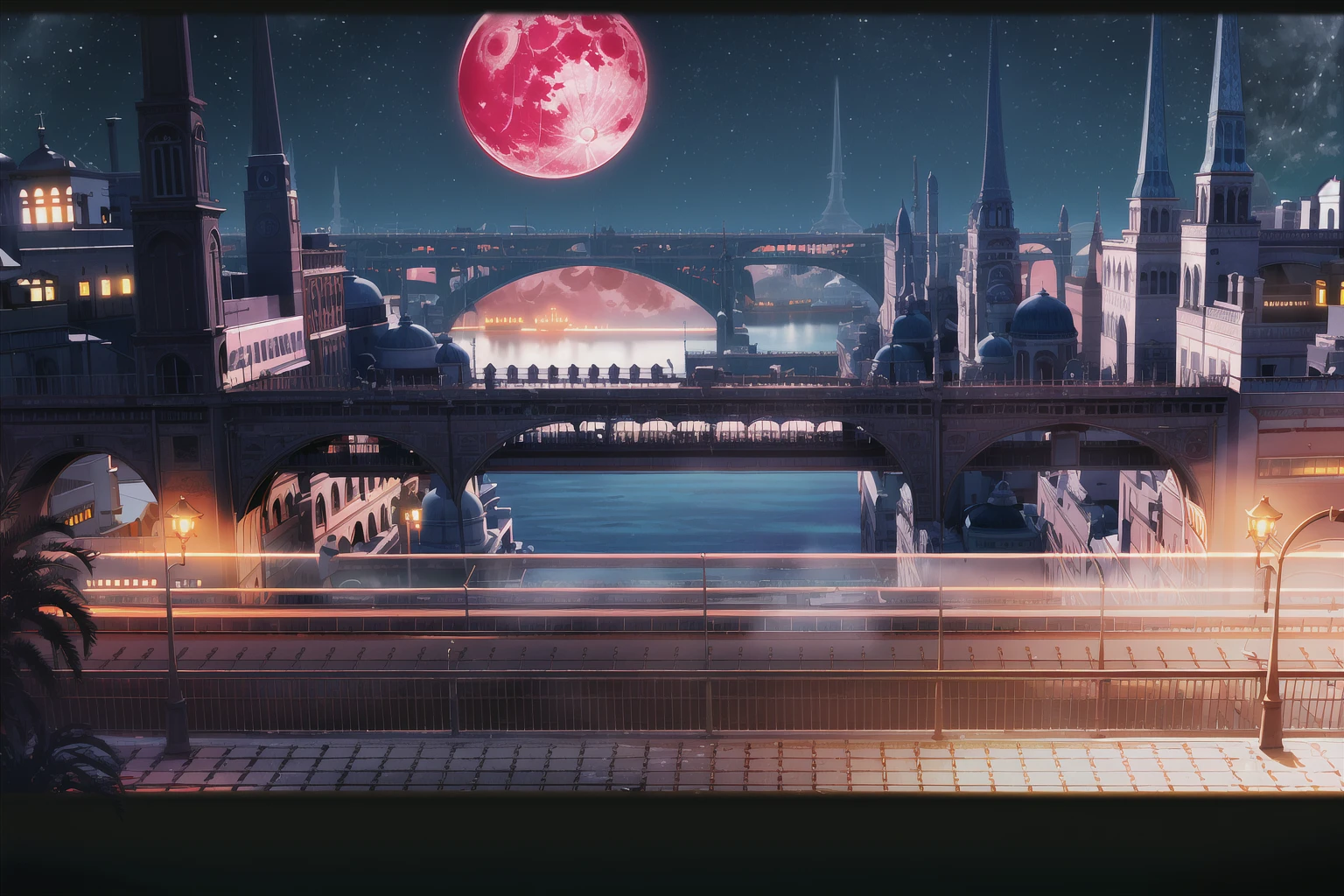 ((masterpiece, high quality, best quality)),
no humans, scenery, star (sky), moon, red moon, sky, night, starry sky, night sky, full moon, outdoors, building, planet, railing, letterboxed, bridge, city, cityscape, water,
<lora:ooishi-style_v1.0:1>