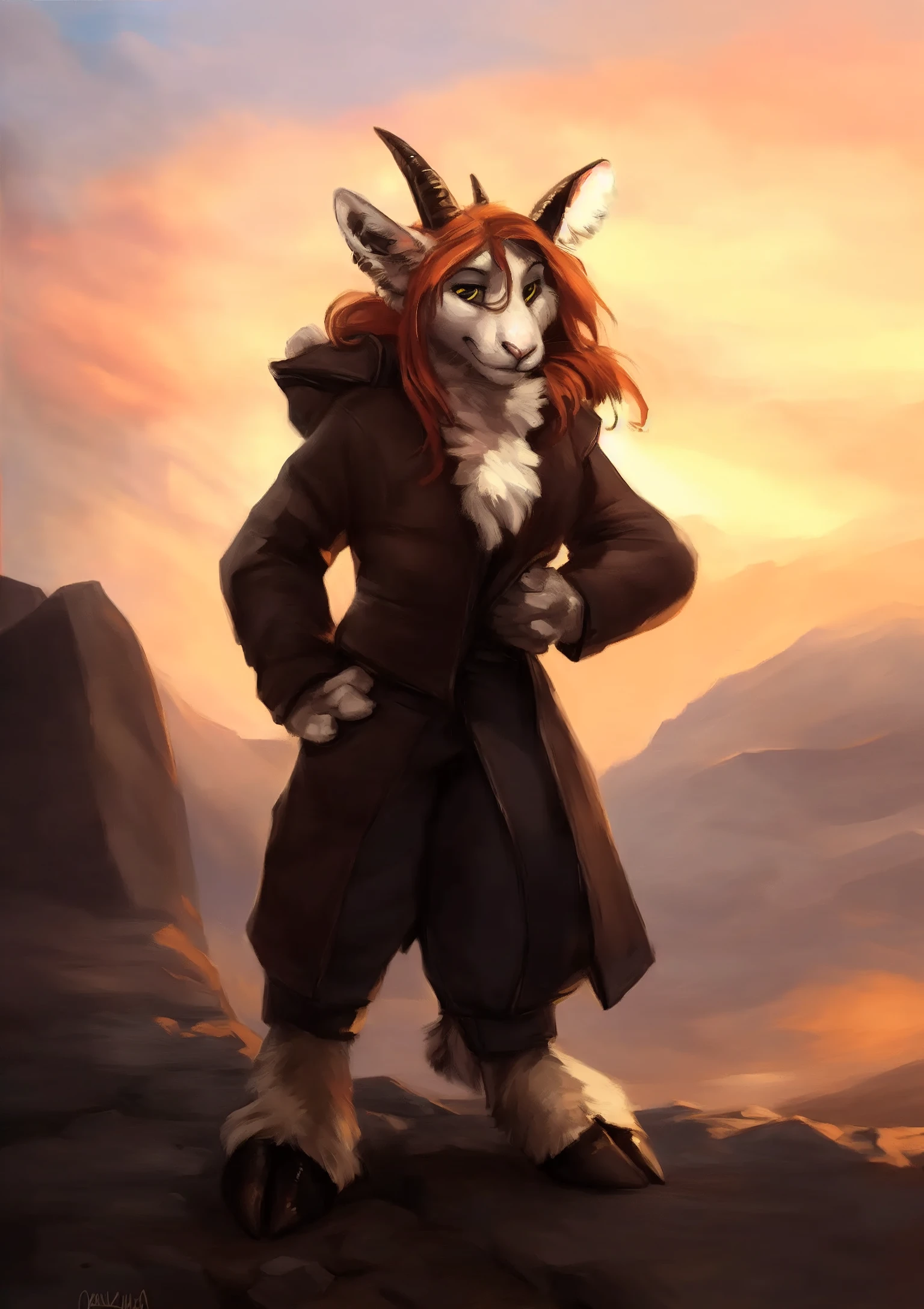 male, solo, anthro, mammal, goat, caprine, (caprine horn), 2 horns, horizontal pupils,  cloven hooves,
fully clothed, bottomwear, topwear, pants, jacket, (adventurer), hand on hip,
fur, fluffy, tuft, chest tuft, long hair, neck tuft, inner ear fluff, digitigrade,
standing, front view, looking at viewer,
(detailed background), outside, rock, sunbeam, snowy peaks, sunrise, (village:1.3),
by kenket, by darkgem, by miosha,
fully clothed, bottomwear, topwear, pants, jacket, (adventurer), hand on hip,
fur, fluffy, tuft, chest tuft, long hair, neck tuft, inner ear fluff, digitigrade,
standing, front view, looking at viewer,
(detailed background), outside, rock, sunbeam, snowy peaks, sunrise, (village:1.3),
by kenket, by darkgem, by miosha,