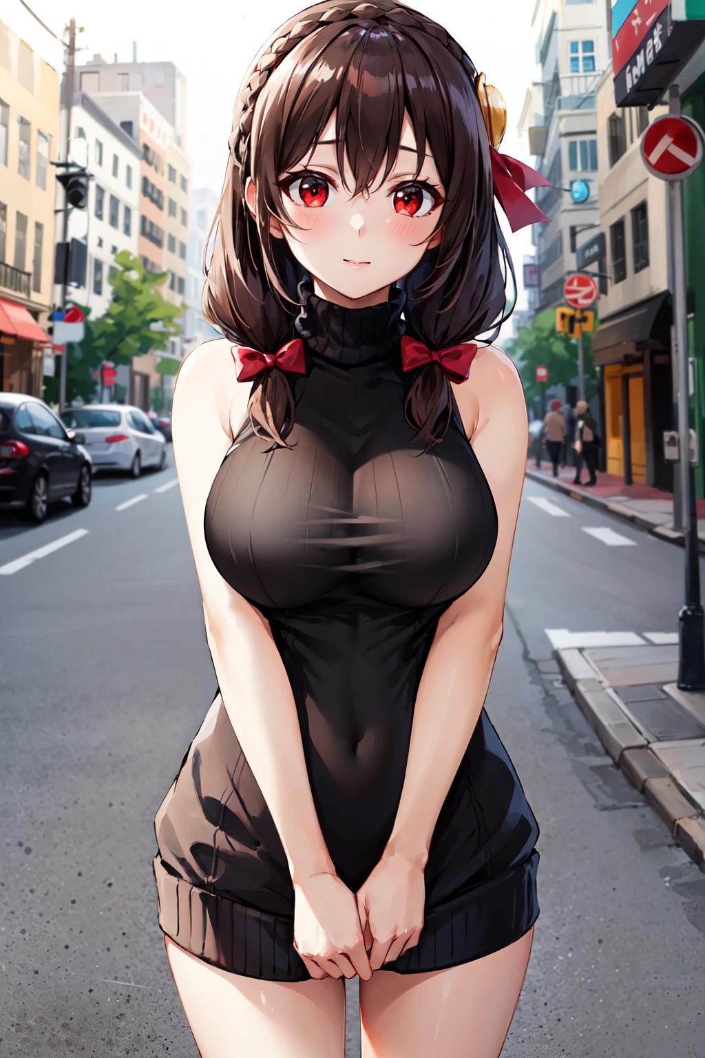 masterpiece,best quality, highres, yunyun1, 1girl, red eyes, solo, braid, long hair, large breasts, hair ornament, black hair, hair bow, crown braid, brown hair, twintails, <lora:yunyun_v1:0.6>, sweater dress, virgin killer sweater, sleeveless, bare arms, street,