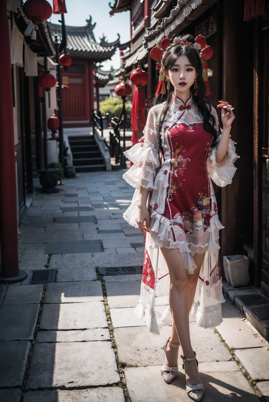 realistic, photorealistic, masterpiece, absurdres, incredibly absurdres, extremely detailed, best quality, cnsdress, high heels, full body, 1girl, solo, slim, long black hair, looking at viewer, detailed background, standing, ancient Chinese town, ancient Chinese building, dusk, sunshine, chinese garden, <lora:cns_dress_style4_v1:0.7>