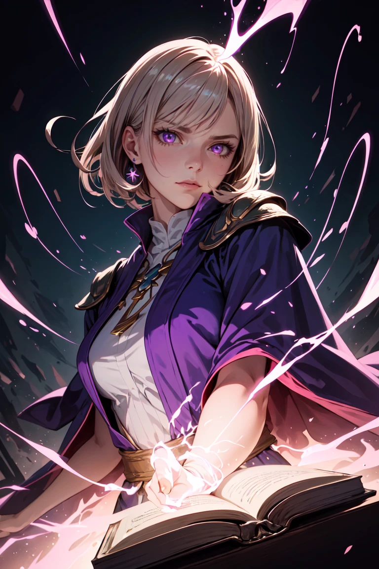 (best quality, masterpiece:1.2), photorealistic, thick outlines, strong shadows, <lora:add_detail:0.3>, 1 girl, adult woman,  purple eyes, dark blonde lob hair, looking down, solo, upper body, detailed background, detailed face,  evil mage, pink magical robes, determined expression, purple color scheme, dark green light, library, evil book, dark atmosphere, shadows, realistic lighting, floating particles, sparks, surrounded by yellow lightning <lora:LightingVFX:0.1>, blue arcane symbols, bloom,