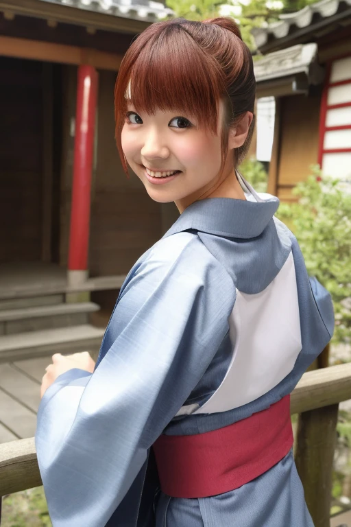 sfw, masterpiece, best quality, ultra high res, ultra detail, realistic, photorealistic, ultra realistic, professional lighting, depth of field,  hikari, 1girl, solo, dynamic pose, dynamic angle, extreme detailed face, perfect face, fainted smile, small breasts, skinny body, kimono, walking outside of shrine