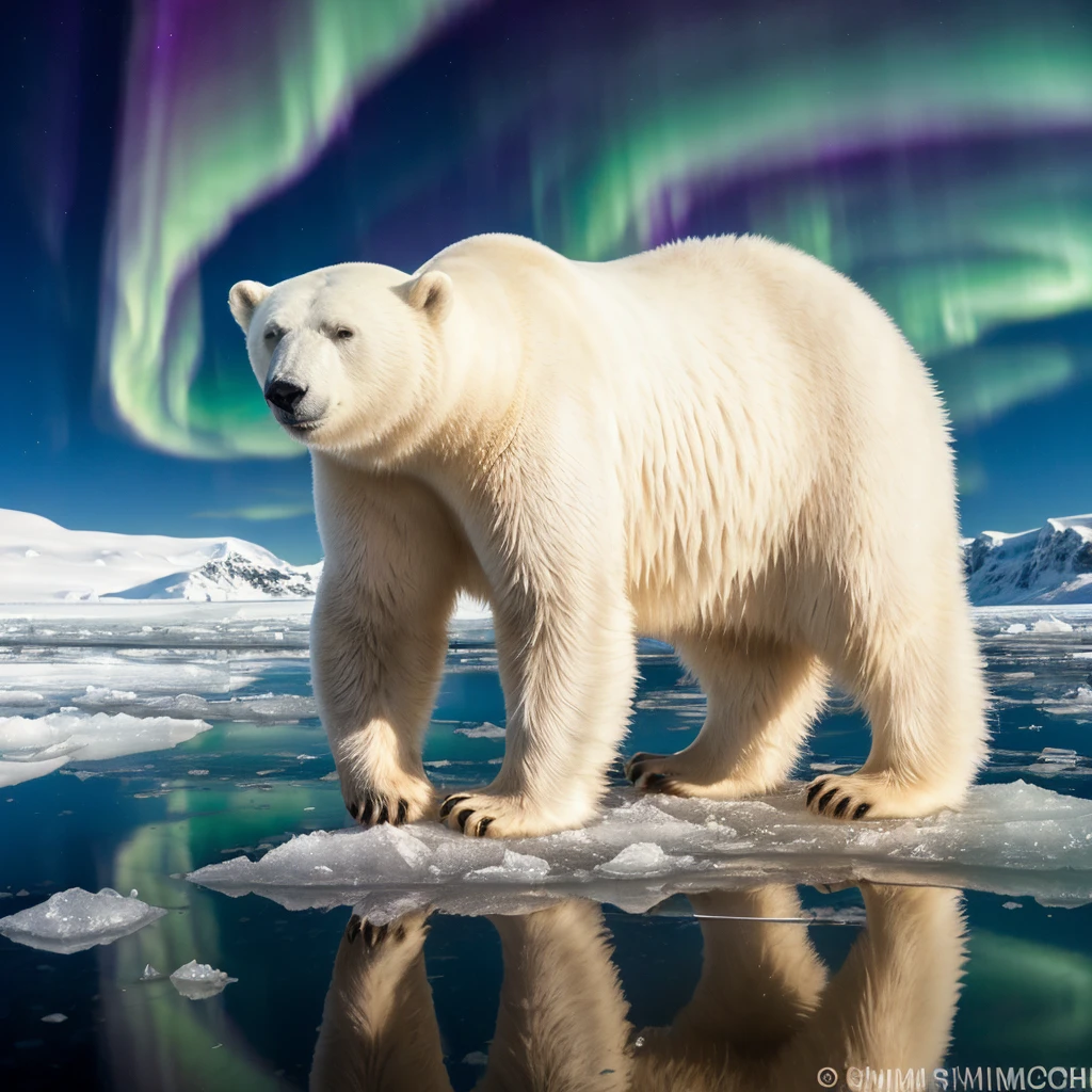 Rembrandt lighting , 8k, HDR, Rembrandt lighting, 1bear, (((polar bear, four legged animal, close up))), majestic beast, white fur, icy blue eyes, standing on a glacier, chilly arctic wind, snowflakes swirling around, crisp clear sky, vast and endless snowy landscape, (((mirror-like reflection on the ice))), distant mountains, (((shimmering northern lights))), majestic solitude, captivating arctic wilderness. mirror image