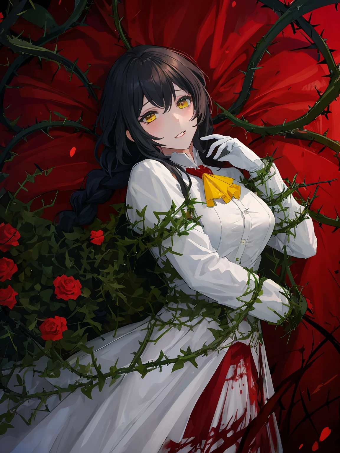 masterpiece,best quality,highres,cinematic lighting,dramatic angle,1girl,<lora:NightOfRevengeV1-000012:0.7> ,bara no majo,black hair,gradient hair,braids,braided ponytail,(vines:1.2),(thorns over clothes:1.2),(white dress over clothes:1.1),layered skirt,long sleeves,yellow bowtie,holding sword,huge weapon,empty eyes,looking at viewer,cowboy shot,red sky,(blood:1.3),cruel,roses,(depth of field:1.3),plant,pantyhose,evil smile,teeth,white gloves,parted lips,ascot,uniform,plant over clothes,bound,bound by plants,bound by thorns,green plant tentacles,lying,hand above head,hand on own stomach,potrait,on back,flowers,roses,arm up