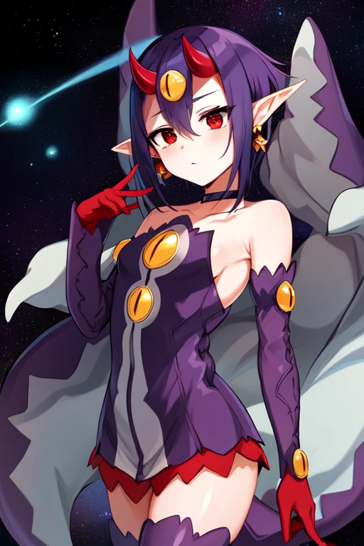 Desco, upper body, red eyes, pointy ears, short purple hair, purple tail, cowboy shot, expressionless eyes,
DesAtt, bare shoulders, choker, purple thigh boots, purple dress, detached sleeves, jewelry, red gloves,
outerspace, stars, meteor, tentacles,
(insanely detailed, beautiful detailed face, masterpiece, best quality) <lora:Desco-10:0.8>