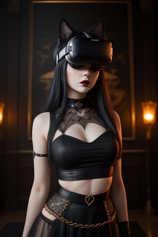 by_ dima_dmitriev,by_ jessica_drossin, goth girl astestic, a woman wearing vr_headset and an orange top, goth style mood, dark eye makeup, kitsch, golden age aesthetics, life-size figures, catcore