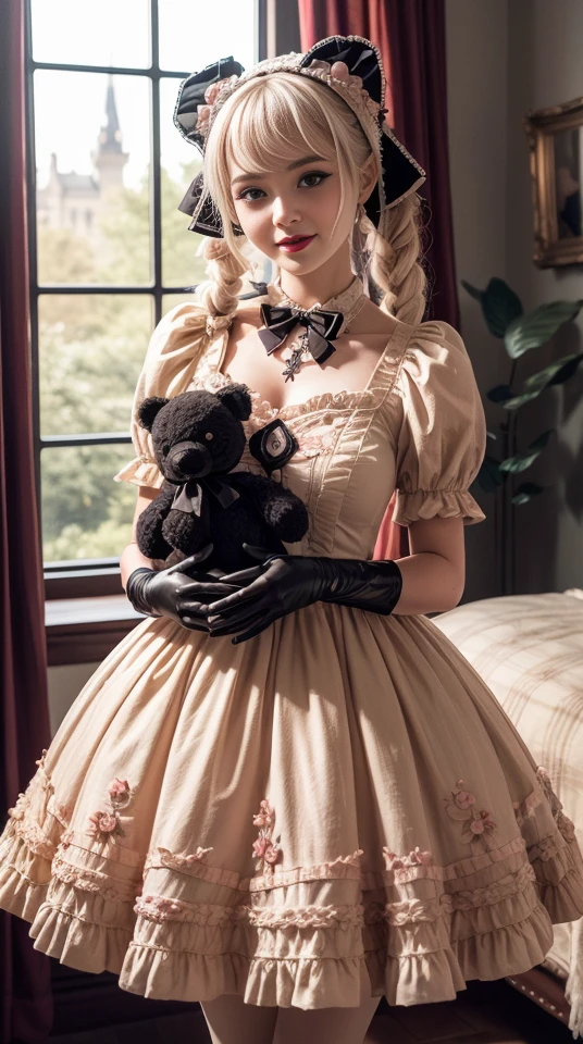 1girl, photo, masterpiece, sweetlolita at bedroomgothic gothic interior, yellow dress fabric,  heart shape on cheek, blush pink makeup, gloves, smile, pastel color, ornate, broderry, holding stuffed animal, bokeh,  <lora:ARWSweetLolita:1>  <lora:ARWBedroomGothic:0.4>