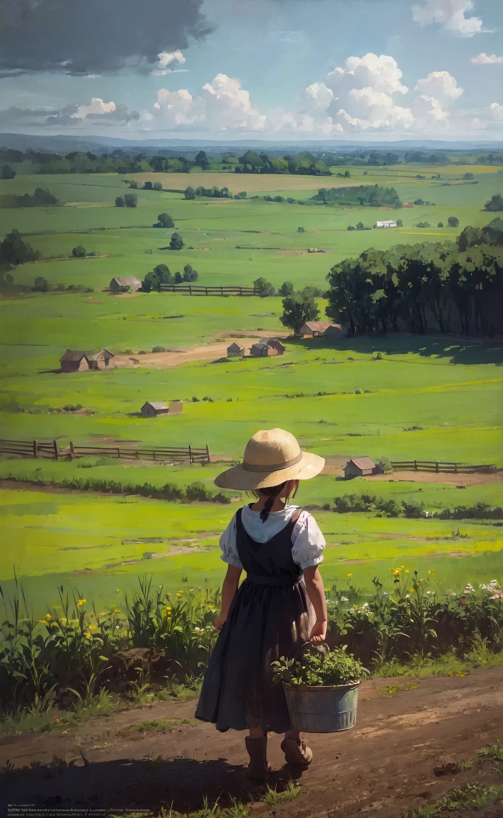 little girl working hard at a farm, (painterly, cinematic, atmospheric perspective)
