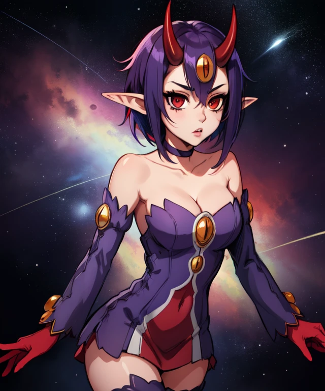 Desco, red eyes, pointy ears, short purple hair, cowboy shot, expressionless eyes, solo, red horns, cleavage,
DesAtt, bare shoulders, choker, purple thigh boots, purple dress, detached sleeves, jewelry, red gloves, curvy,
outerspace, stars, meteor,
(insanely detailed, beautiful detailed face, masterpiece, best quality) <lora:Desco-10:0.7>