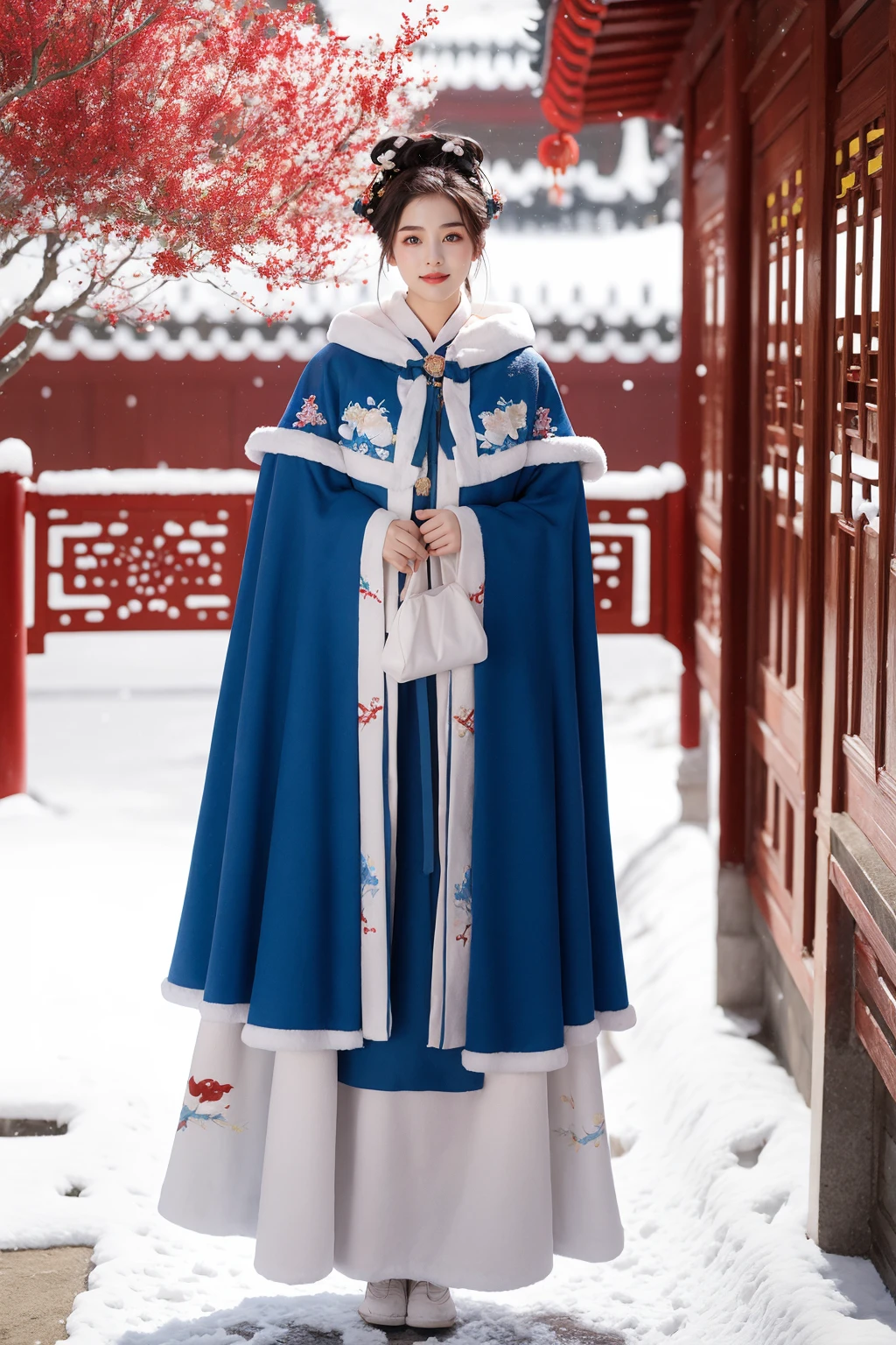 1 girl, full body, (dynamic poses), Hanfu, (Winter hanfu), cloak, (snow, chinese outdoors:1.2), <lora:Winter_Hanfu:0.65>,
