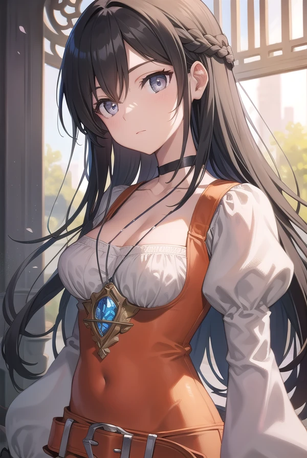 ffgarnet, <lora:garnettest:1>,
garnet, (grey eyes:1.5), black hair, long hair, low-tied long hair, swept bangs, hair ribbon,
BREAK bodysuit, choker, gloves, jewelry, juliet sleeves, long sleeves, necklace, orange bodysuit, pendant, puffy sleeves, red gloves,
BREAK looking at viewer,
BREAK outdoors, village,
BREAK <lora:GoodHands-vanilla:1>, (masterpiece:1.2), best quality, high resolution, unity 8k wallpaper, (illustration:0.8), (beautiful detailed eyes:1.6), extremely detailed face, perfect lighting, extremely detailed CG, (perfect hands, perfect anatomy),