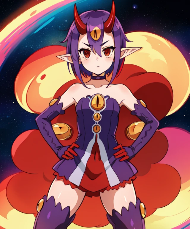 Desco,   red eyes, pointy ears,  short purple hair,   cowboy shot,  expressionless eyes,  solo,   red horns,  hands on hips, 
DesAtt, bare shoulders, choker, purple thigh boots, purple dress, detached sleeves,  jewelry, red gloves, 
outerspace, stars,  meteor, 
(insanely detailed, beautiful detailed face, masterpiece, best quality)   <lora:Desco-10:0.8>