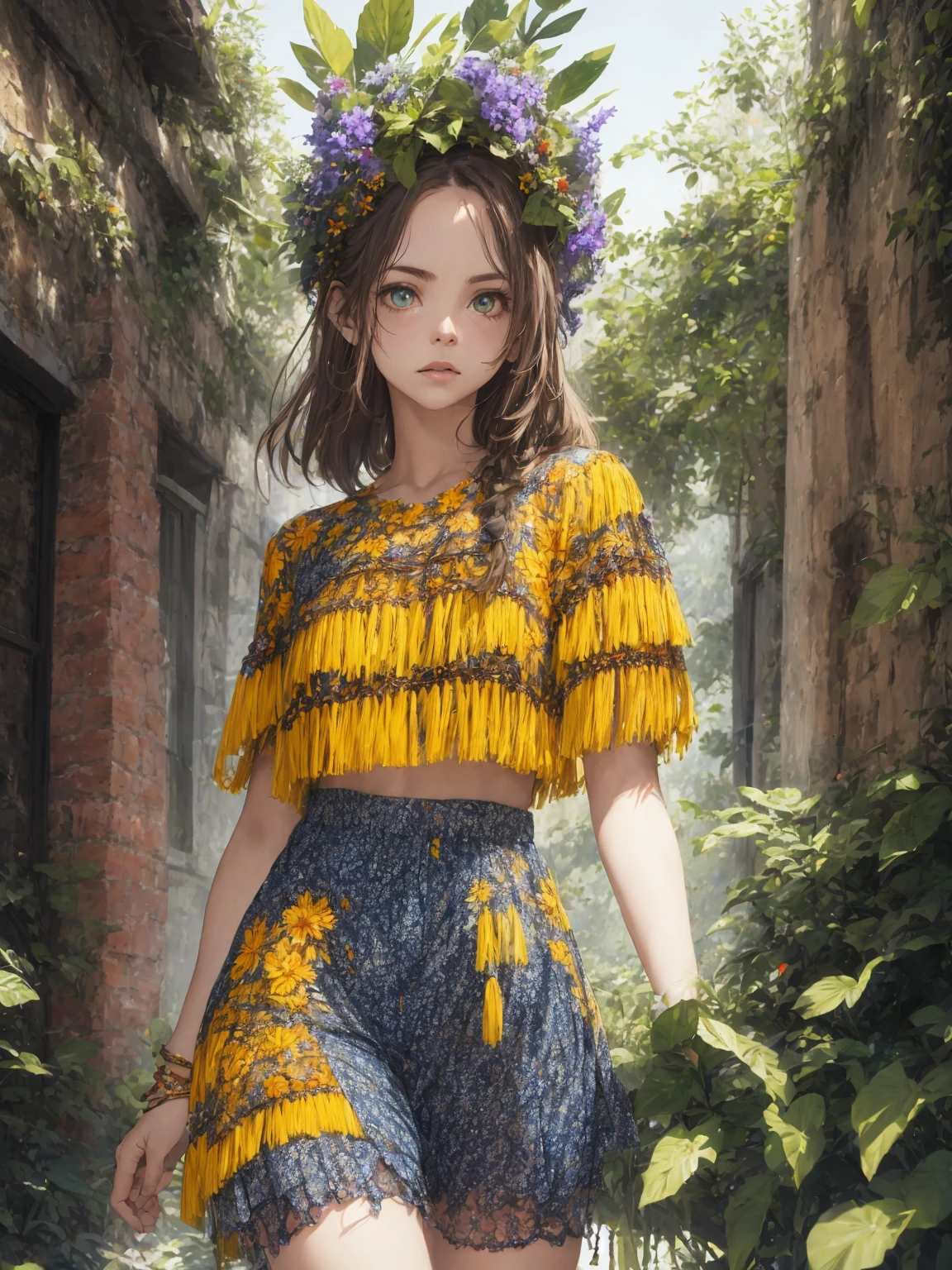 absurdres, highres, ultra detailed,  (****ung woman:1.4),
BREAK
, festival style, fringe clothing, boho dresses, flower crowns, denim shorts, gladiator sandals, statement jewelry