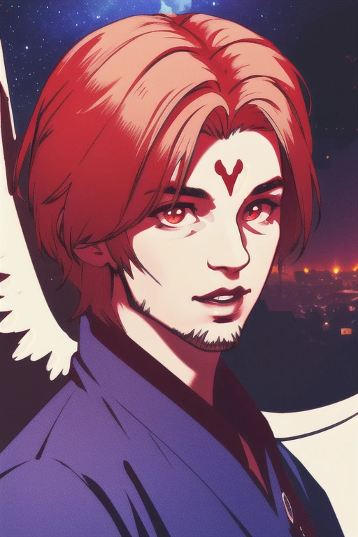 1boy, red hair, dark skin, facial hair, facial mark, hair between eyes,lips, looking at viewer, male focus, neck tattoo, parted lips, red eyes, red hair, short hair, slit pupils, gradient, solo, game cg, torino aqua, nigh sky, moonlight, moon, (wings 1.5), white gloves, depth_of_field, very detailed background, rule of thirds, great composition,Dynamic angle, solo, extreme light and shadow,(detailed eyes), ethereal:1.5, (magical), (extremely detailed CG unity 8k wallpaper),perfect anatomy, vivid colors, ((detailed eyes))