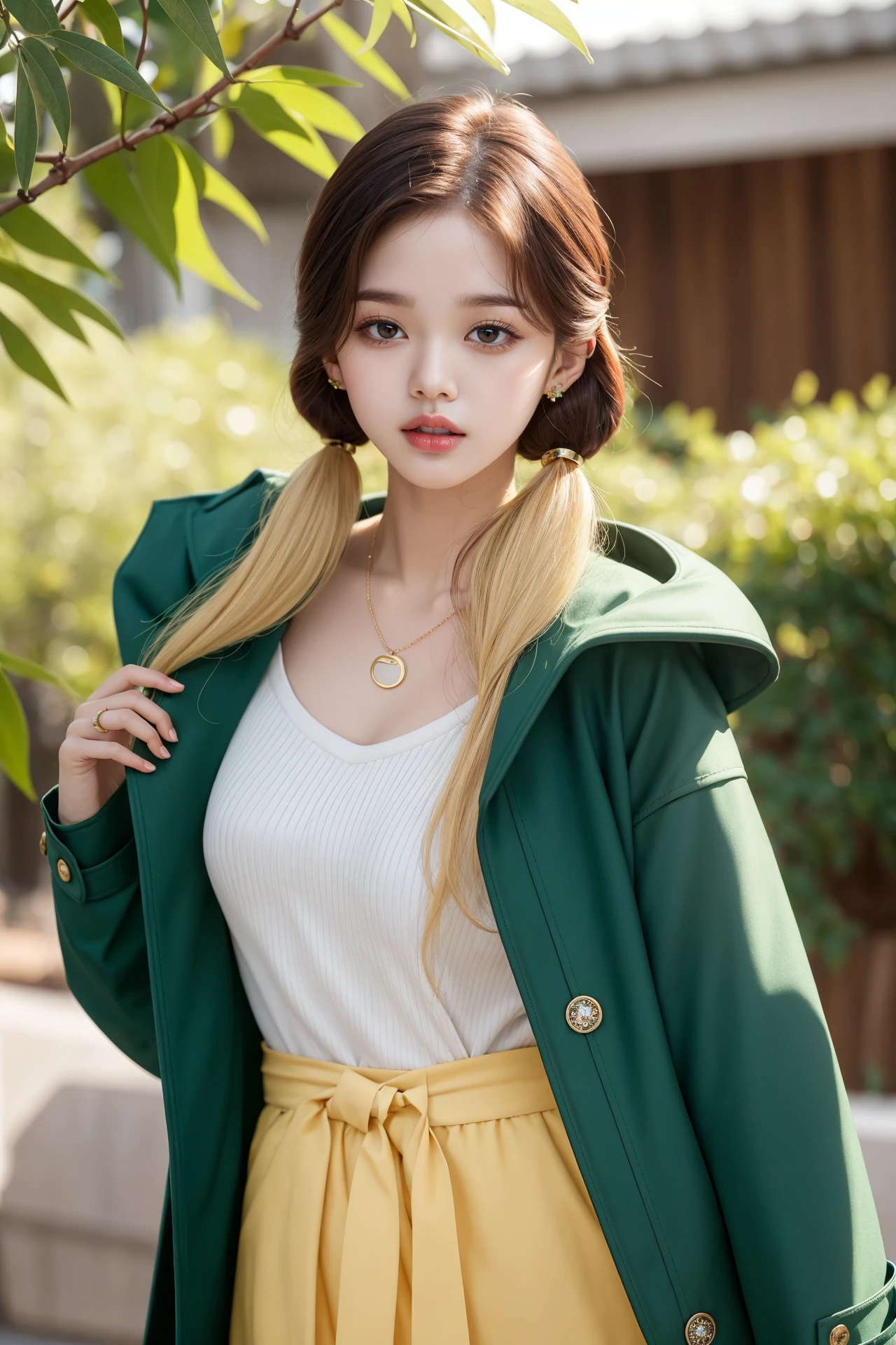 (sexy),masterpiece,ultra realistic,32k,extremely detailed CG unity 8k wallpaper, best quality,(spring day ),lady ,necklace ,eardrop, Cape Town, South Africa, ( Lime green Wearing a statement coat ) , Honey blonde hair pigtails ,, pureface