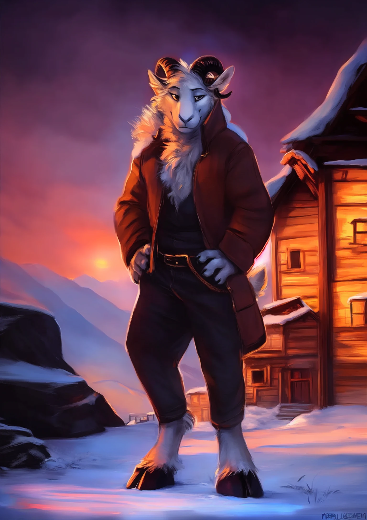 male, solo, anthro, mammal, goat, caprine, (caprine horn), horizontal pupils, cloven hooves,
fully clothed, bottomwear, topwear, pants, jacket, (adventurer), hand on hip,
fur, fluffy, tuft, chest tuft, long hair, neck tuft, inner ear fluff, digitigrade,
standing, front view, looking at viewer,
(detailed background), outside, rock, sunbeam, snowy peaks, sunrise, (village:1.3),
by kenket, by darkgem, by miosha,
fully clothed, bottomwear, topwear, pants, jacket, (adventurer), hand on hip,
fur, fluffy, tuft, chest tuft, long hair, neck tuft, inner ear fluff, digitigrade,
standing, front view, looking at viewer,
(detailed background), outside, rock, sunbeam, snowy peaks, sunrise, (village:1.3),
by kenket, by darkgem, by miosha,