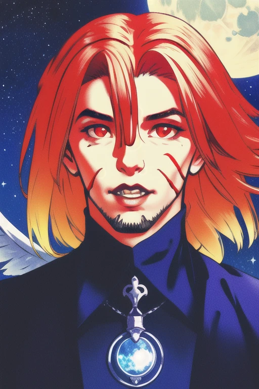 1boy, red hair, dark skin, facial hair, facial mark, hair between eyes,lips, looking at viewer, male focus, neck tattoo, parted lips, red eyes, red hair, short hair, slit pupils, gradient, solo, game cg, torino aqua, nigh sky, moonlight, moon, (wings 1.5), white gloves, depth_of_field, very detailed background, rule of thirds, great composition,Dynamic angle, solo, extreme light and shadow,(detailed eyes), ethereal:1.5, (magical), (extremely detailed CG unity 8k wallpaper),perfect anatomy, vivid colors, ((detailed eyes))