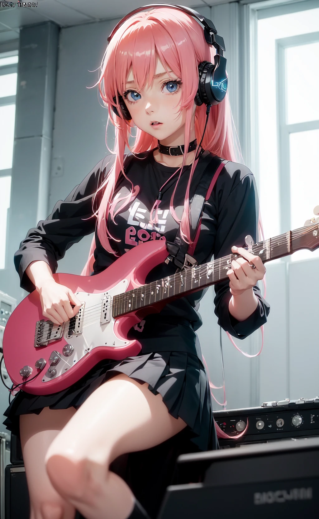 (anime screencap:1.3), girl playing an electric guitar, black skirt, blue eyes, headphones, holding, holding plectrum, instrument, long hair, music, one side up, pink hair, playing guitar, pleated skirt, black shirt, indoors