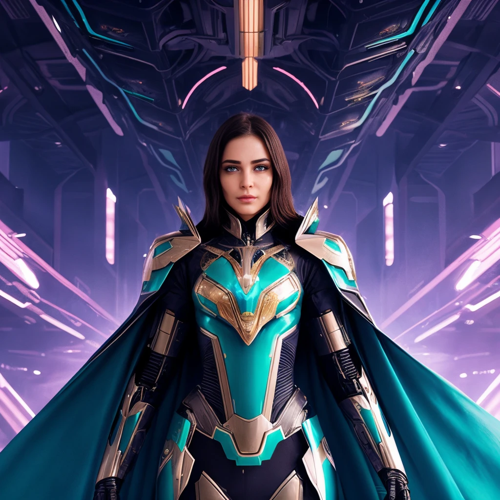 neotech woman wearing magic-fantasy-mech armor flowing cape, standing in a lush bio utopia,BiophyllTech,fcPortrait